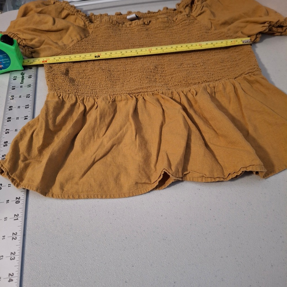 OLD NAVY Womens Yellow Linen Blend Smocked Peplum Top Square Neck Puff Sleeve L - Picture 5 of 7
